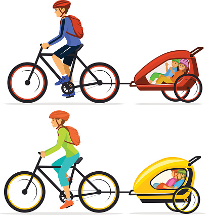 Family, Man and Woman with their  his children traveling cycling together. Father and mother tows bike trolley with happy kids isolated  vector ilustration