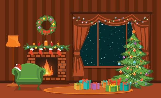weihnachten-wohnzimmer mit weihnachtsbaum, lichter, präsentiert, kamin, sessel, dekoration und präsentiert - living room stock-grafiken, -clipart, -cartoons und -symbole