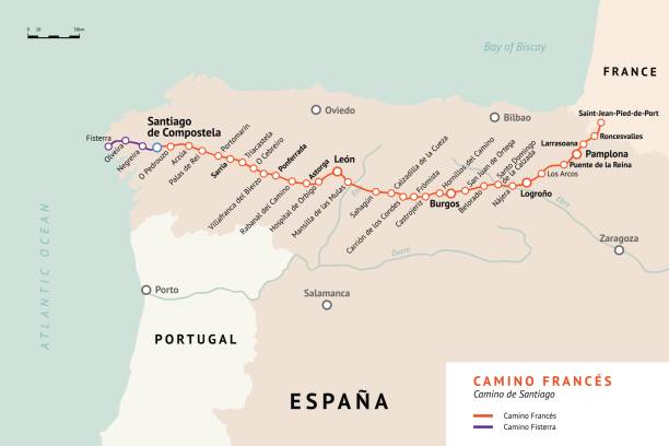 ilustrações, clipart, desenhos animados e ícones de mapa de caminho francês. caminho de santiago. frança. - galicia pilgrimage pilgrim religion