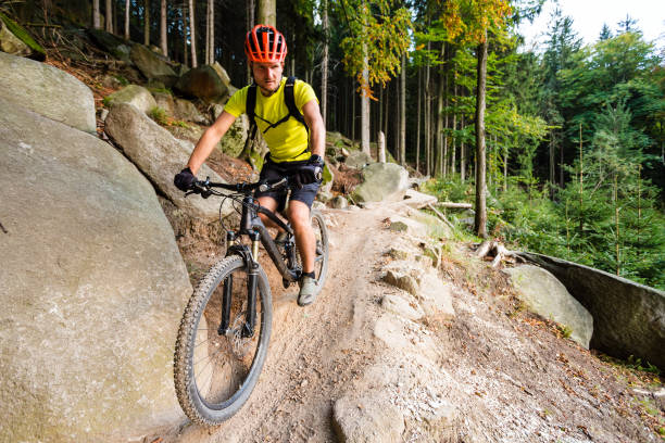 istock Mountain biker riding cycling in autumn forest 843252376