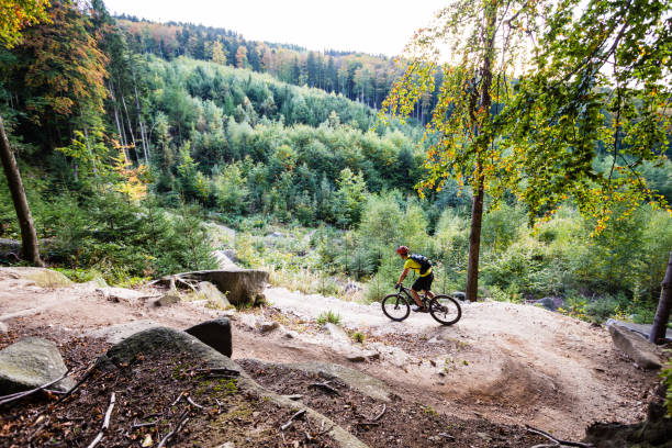 istock Mountain biker riding cycling in autumn forest 843252488