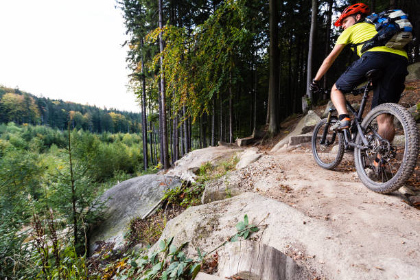 istock Mountain biker riding cycling in autumn forest 843253656