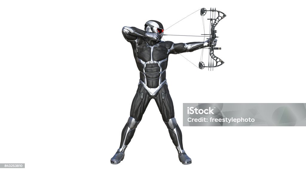 Warrior Archer, futuristic soldier with bow and arrow isolated on white, 3D illustration Warrior Archer, futuristic soldier with bow and arrow isolated on white background, 3D rendering Archery Stock Photo