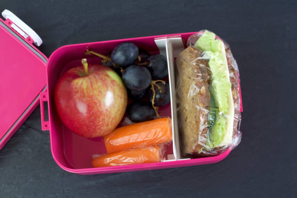 istock Healthy lunch box, cheese sandwich, apple, carrots and grapes. 843257790