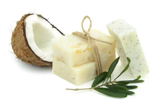 Natural herbal soaps with olive and coconut oil close up image
