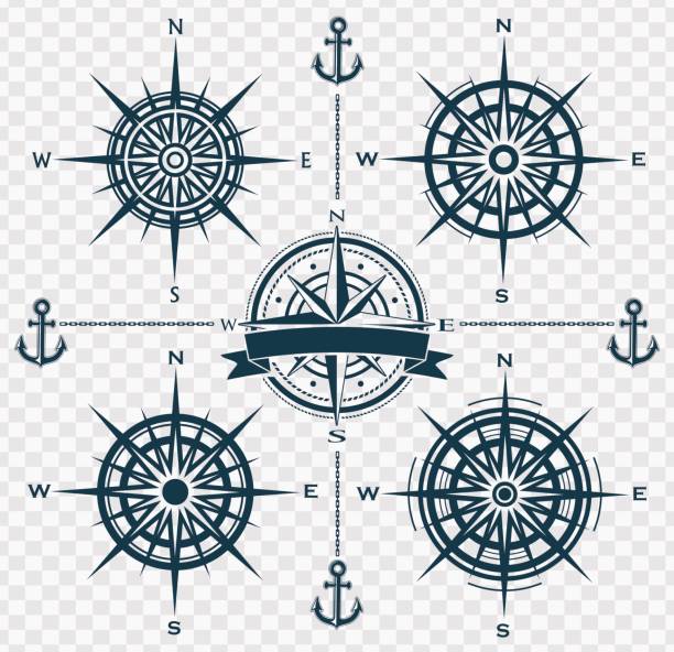 ilustrações de stock, clip art, desenhos animados e ícones de set of compass roses or wind roses - drawing compass compass rose direction sea