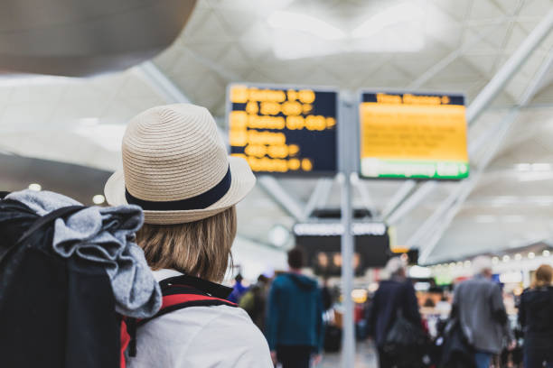 istock Woman backpacker at the airport checking flights 843264082
