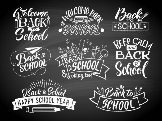 Set of monochrome school labels. Vector emblem design for education center or university Set of monochrome school labels. Vector emblem design for education center or university. Back to school badge and welcome on chalkboard illustration writing on chalk board stock illustrations