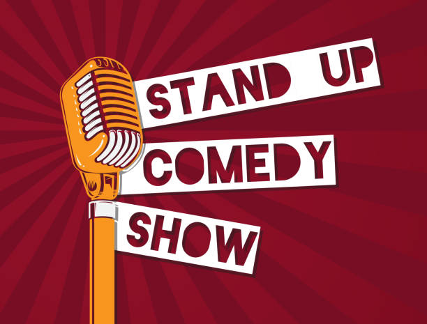 Vector stand up comedy microphone illustration on sunburst background Vector stand up comedy microphone illustration on sunburst background. Stand up banner with microphone silly stock illustrations