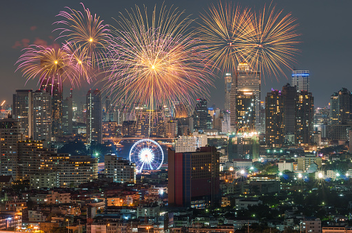 bangkok cityscape river view with Fireworks at night scene