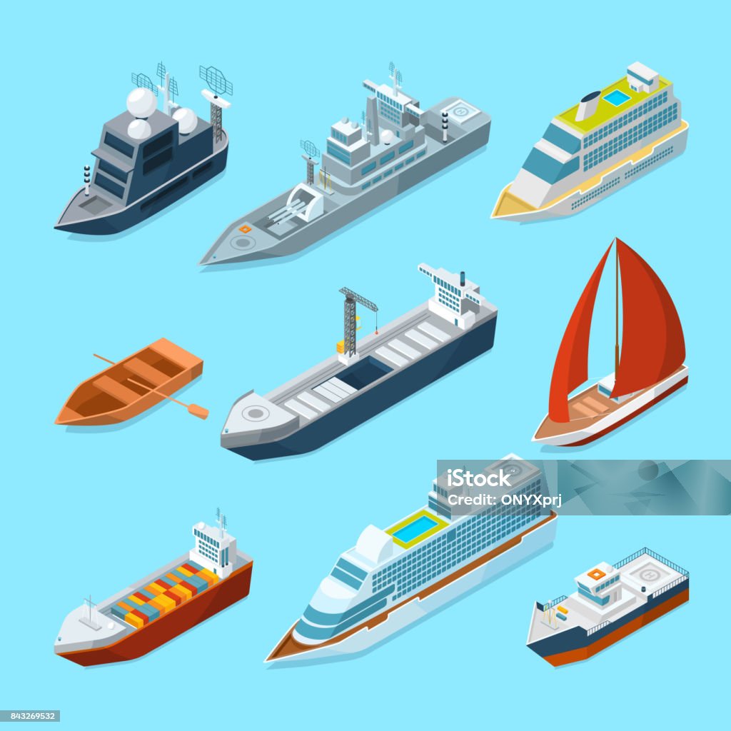 Isometric passenger sea ships and different boats in port. Marine illustrations Isometric passenger sea ships and different boats in port. Marine illustrations. Ship and marine transport yacht and tanker vector Isometric Projection stock vector