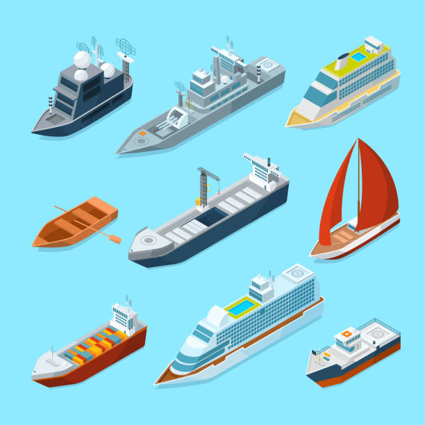 Isometric passenger sea ships and different boats in port. Marine illustrations Isometric passenger sea ships and different boats in port. Marine illustrations. Ship and marine transport yacht and tanker vector industrial ship military ship shipping passenger ship stock illustrations