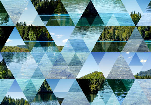 abstrakte dreieck mosaik hintergrund: fusine see - woods reflection famous place standing water stock-fotos und bilder