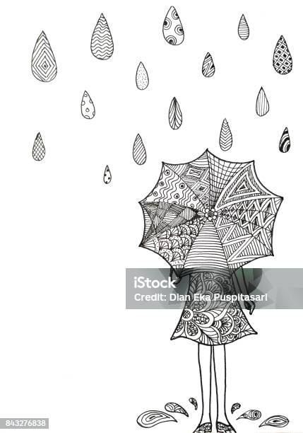 Girl In The Rain Stock Illustration - Download Image Now - Girls, Umbrella, Art