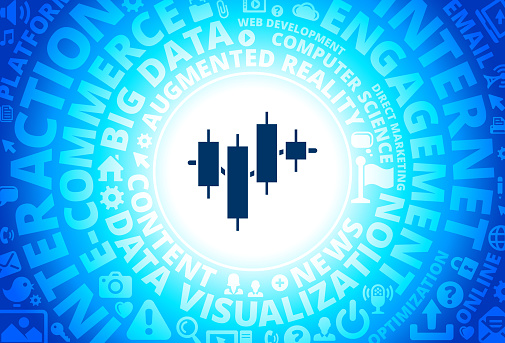 Input and Output Chart Icon on Internet Modern Technology Words Background. This blue vector background features the main icon in the center of the image. The icon is surrounded by a set of conceptual words and technology and internet icons. The icon is highlighted by a strong starburst glow effect and stands out from the rest of the image. The technology terminology is arranged in a circular manner. The predominant tone of the image is blue with a circular gradient that originates from the center of the composition.