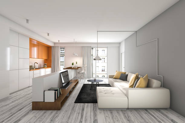 istock 3d rendering living room with sofa and tv near kitchen bar 843285170