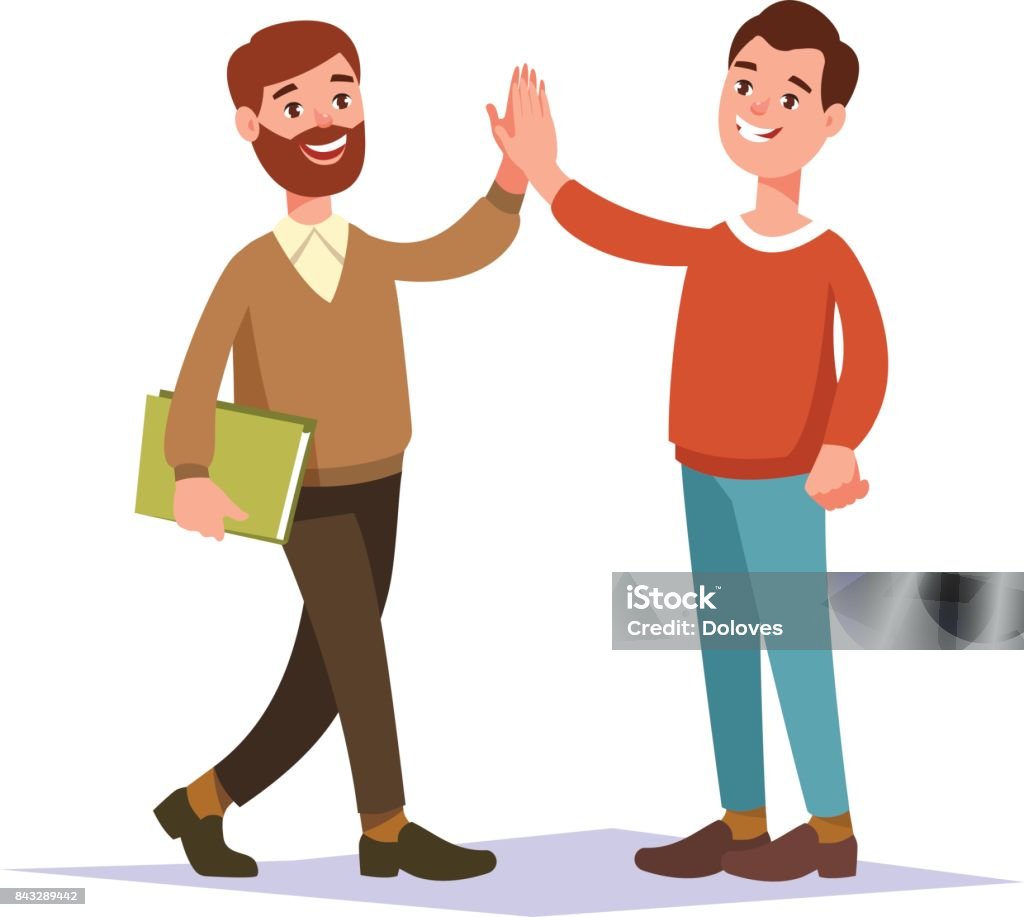 Meeting two businessmen and business handshake The meeting of two hipster guy friend and handshake raise high the hands. People interactions. High-Five stock vector