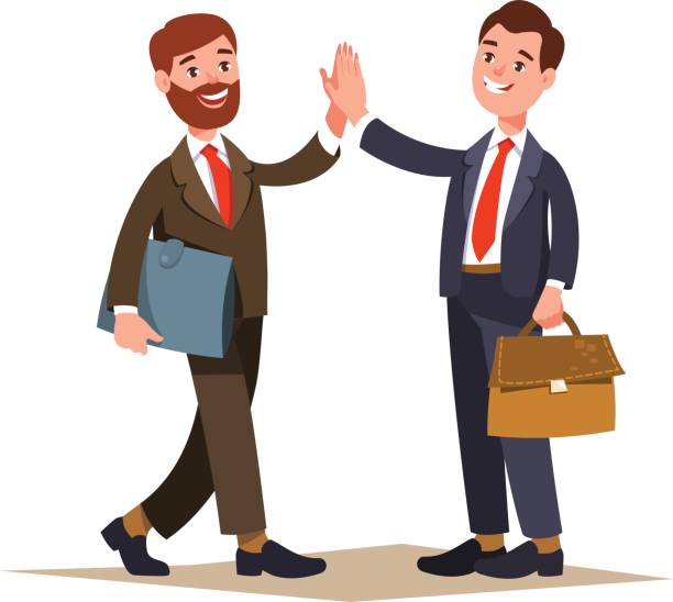 Meeting two businessmen and business handshake The meeting of two businessmen and business handshake. Greeting business partners and people interactions. Two men give five office buddies stock illustrations