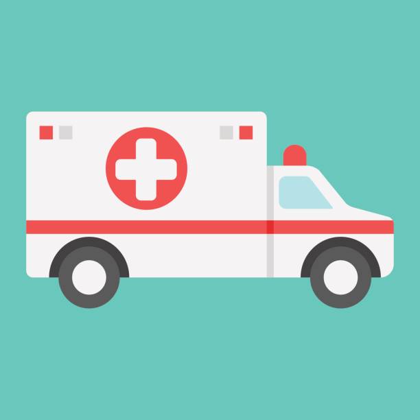 ilustraciones, imágenes clip art, dibujos animados e iconos de stock de icono plano ambulancia, medicina y salud, transporte signo vector graphics, un patrón sólido de colores sobre un fondo cian, eps 10. - medicina de emergencia