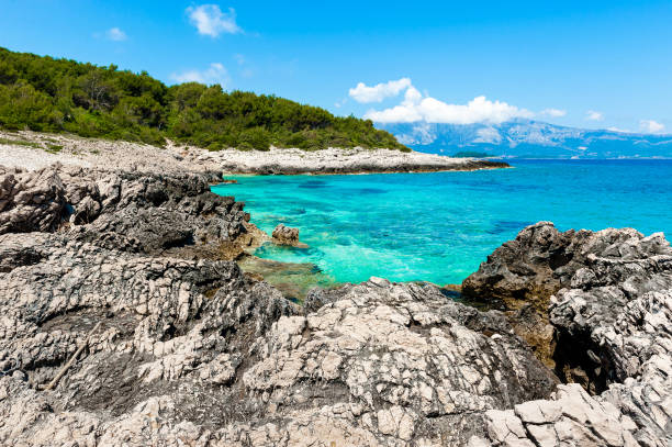 Rocky shore with turquoise sea water. Adriatic coast of Korcula island, touristic destination in Croatia. stock photo