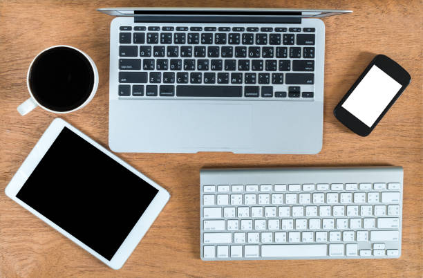 istock Top view office mockup, technology equipment mockup, flat lay 843301800