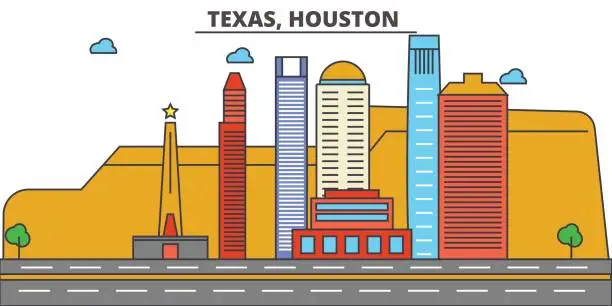 Vector illustration of Texas, Houston.City skyline: architecture, buildings, streets, silhouette, landscape, panorama, landmarks, icons. Editable strokes. Flat design line vector illustration concept.