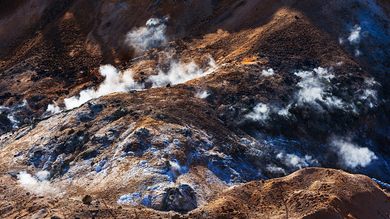 Jigokudani hell valley closeup sulfur and red  dirt in Noboribetsu, Hokkaido, Japan
