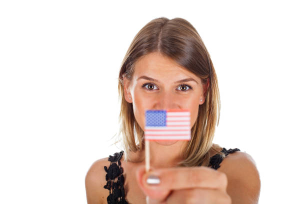 istock Woman holding USA flag 843305922