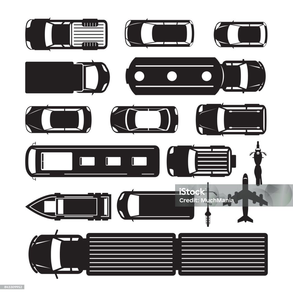 Vehicles, Cars and Transportation in Top or Above View Silhouette, Mode of Transport, Public and Mass High Angle View stock vector