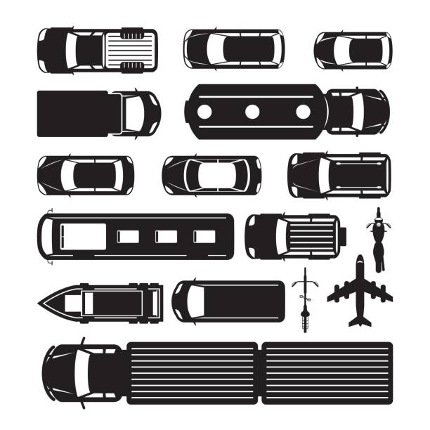 Vehicles, Cars and Transportation in Top or Above View Silhouette, Mode of Transport, Public and Mass boat trailer stock illustrations