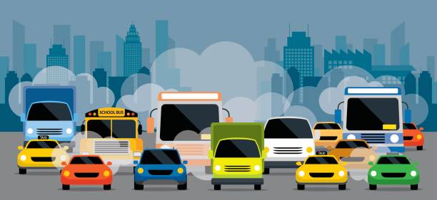 ilustrações de stock, clip art, desenhos animados e ícones de vehicles on road with traffic jam pollution - poluição