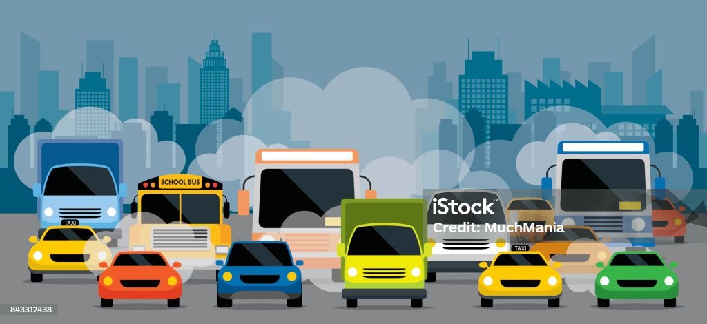 Vehicles on Road with Traffic Jam Pollution Front View with City Background Car stock vector