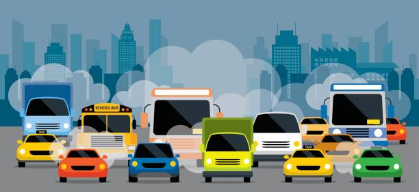 Vehicles on Road with Traffic Jam Pollution Front View with City Background traffic illustrations stock illustrations