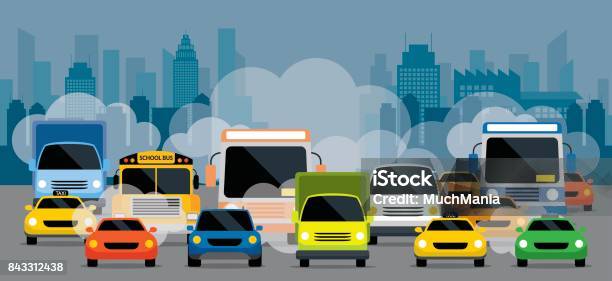 Vehicles On Road With Traffic Jam Pollution Stock Illustration - Download Image Now - Car, Pollution, Traffic Jam