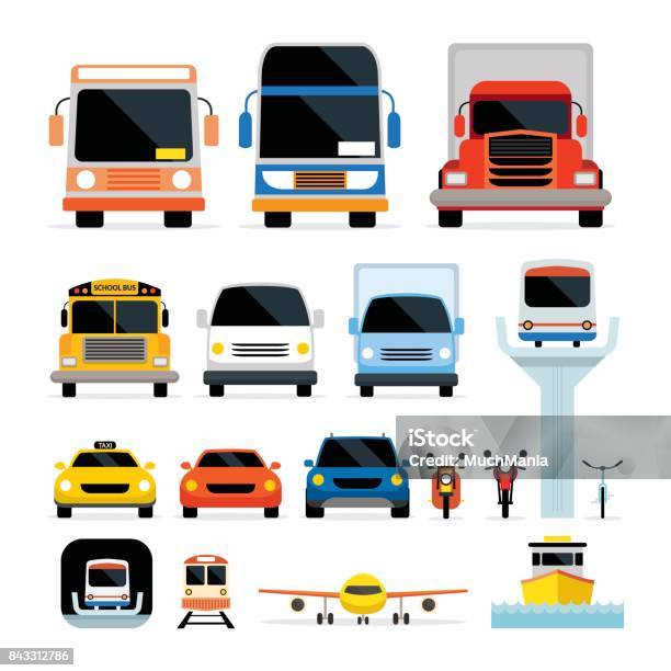 Veicoli Auto E Trasporti In Vista - Immagini vettoriali stock e altre immagini di Punto di vista frontale - Punto di vista frontale, Automobile, Autobus