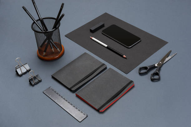 istock Modern mock up flat lay of notebook and stationery on gray background 843312812