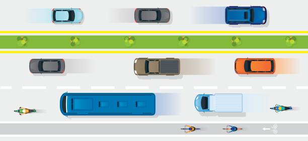 ilustrações de stock, clip art, desenhos animados e ícones de vehicles on road with bike lane - road marking illustrations
