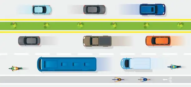 Vector illustration of Vehicles on Road with Bike Lane