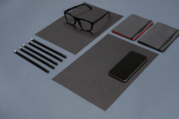 istock Modern mock up flat lay of notebook and stationery on gray background 843313236