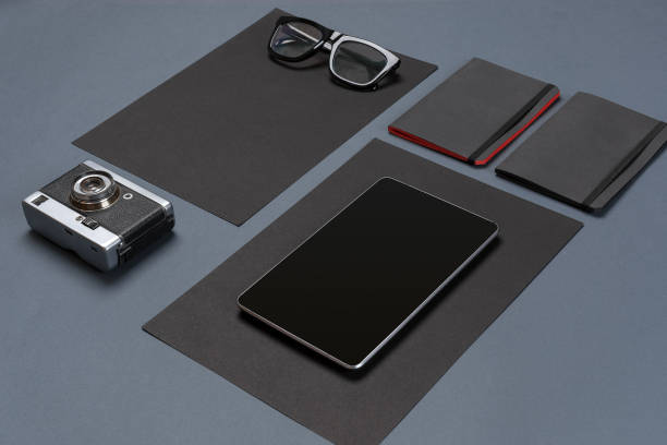 istock Modern mock up flat lay of notebook and stationery on gray background 843313360