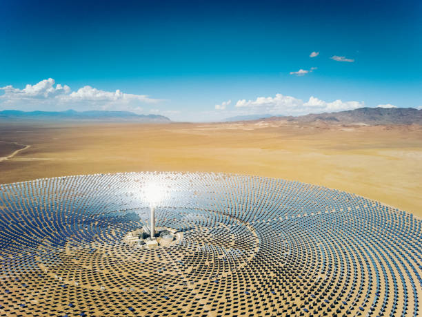 Solar Thermal Power Station Aerial view of a Solar Thermal Power Station in Nevada Desert molten photos stock pictures, royalty-free photos & images