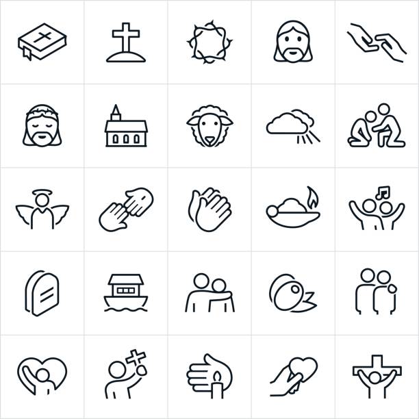 Christian Faith Icons A set of Christian or religious icons. The icons include a bible, cross, Jesus Christ, rescue, church, lamb, heaven, helping hand, angel, Savior, prayer, worship, arm around shoulder, olive, praise, crucifixion and other related themes. religious symbol stock illustrations