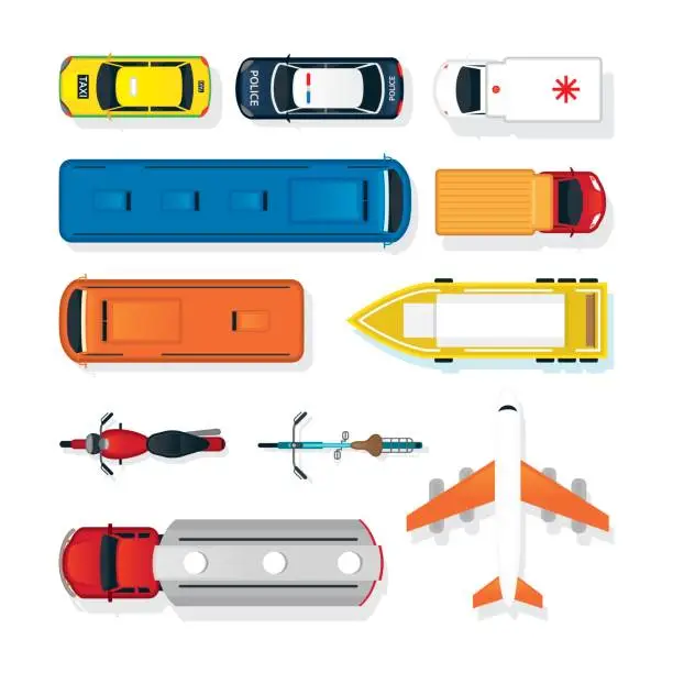 Vector illustration of Vehicles, Cars and Transportation in Top or Above View