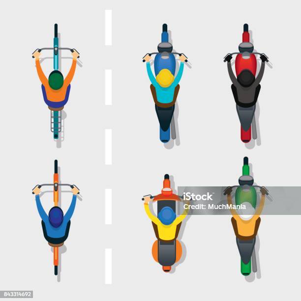 People On Motorcycles And Bicycles Top Or Above View Stock Illustration - Download Image Now