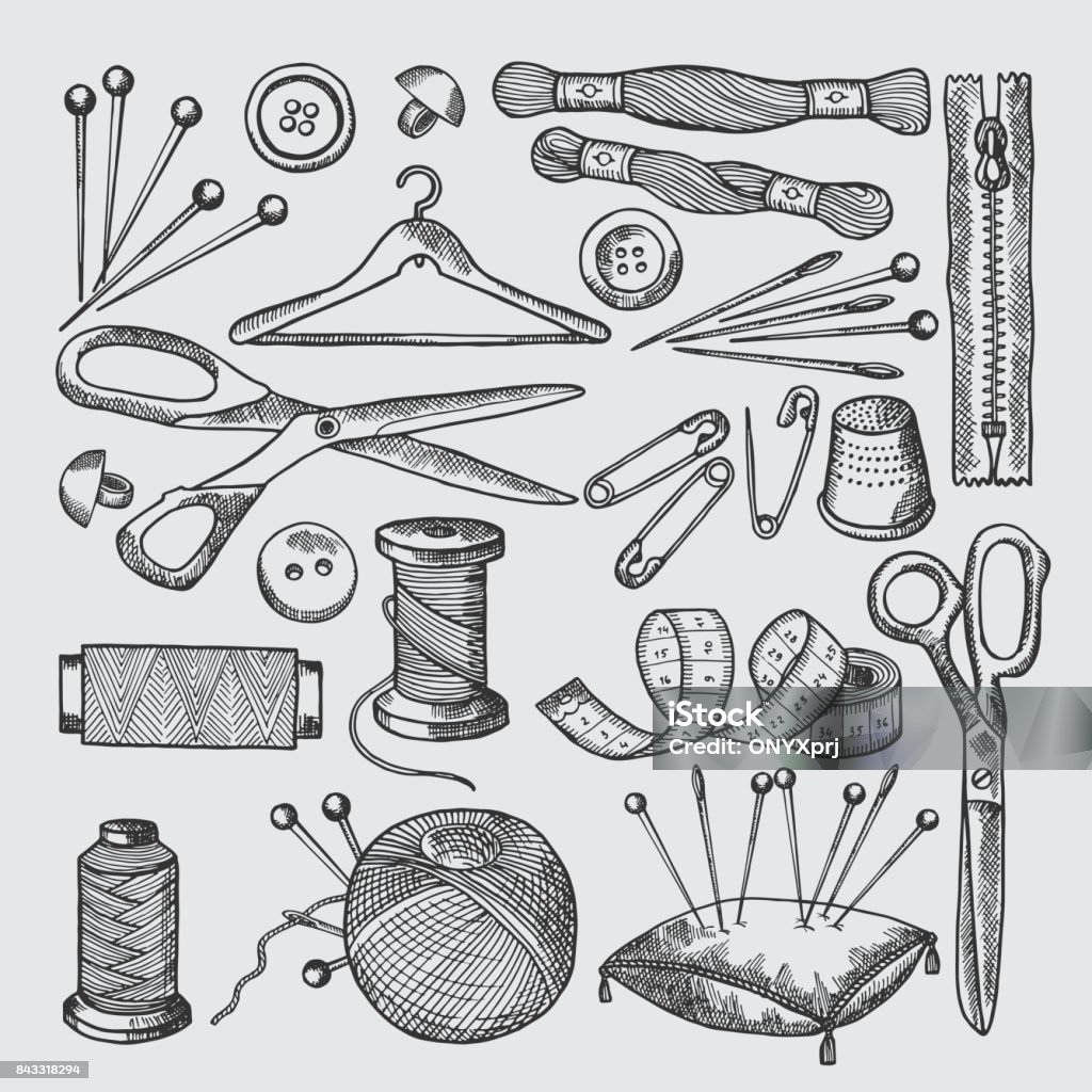 Diversi strumenti per l'officina di cucito. Immagini vettoriali in stile disegnato a mano - arte vettoriale royalty-free di Cucire