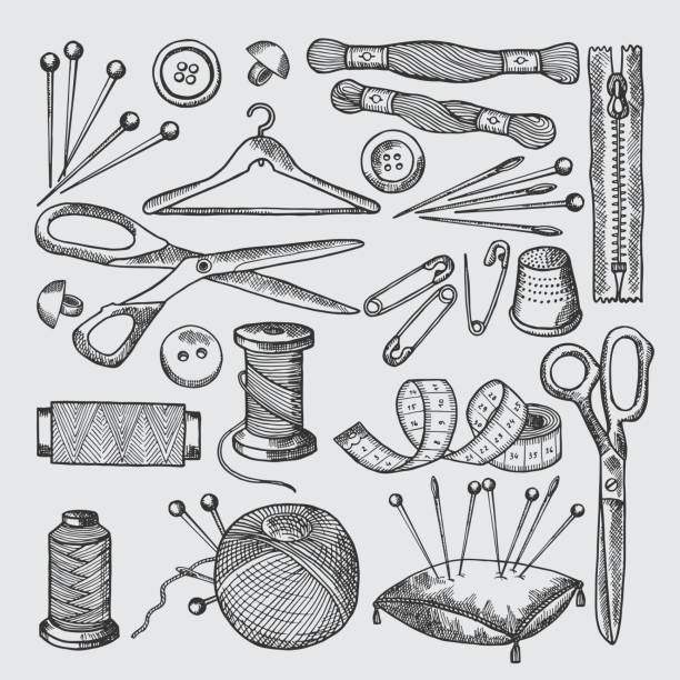 ilustrações de stock, clip art, desenhos animados e ícones de different tools for sewing workshop. vector pictures in hand drawn style - sewing item