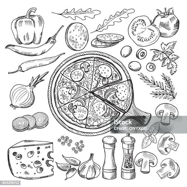 Illustrazioni Della Cucina Classica Italiana Pizza E Ingredienti Diversi Set Di Immagini Fast Food - Immagini vettoriali stock e altre immagini di Pizza