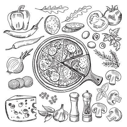 istock Illustrations of classical italian cuisine. Pizza and different ingredients. Fast food pictures set 843318742