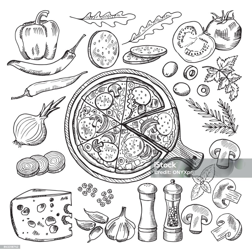 Illustrations of classical italian cuisine. Pizza and different ingredients. Fast food pictures set Illustrations of classical italian cuisine. Pizza and different ingredients. Fast food set tomato and mozzarella, olive and onion, salami and basil for pizza Pizza stock vector