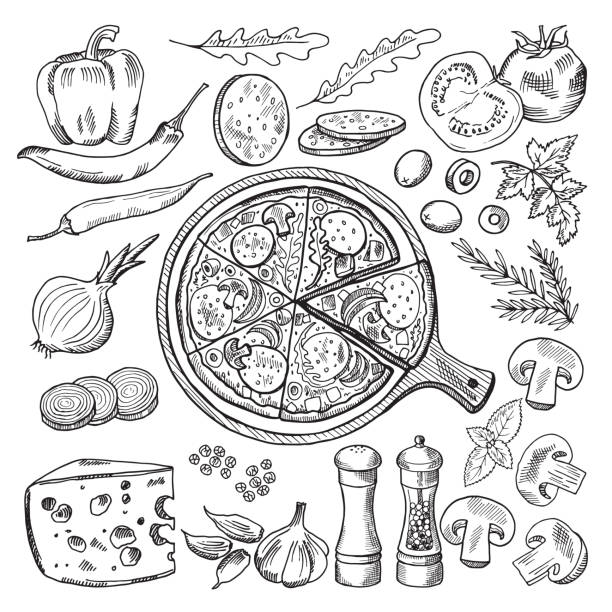 Illustrations of classical italian cuisine. Pizza and different ingredients. Fast food pictures set Illustrations of classical italian cuisine. Pizza and different ingredients. Fast food set tomato and mozzarella, olive and onion, salami and basil for pizza cheese drawings stock illustrations